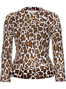 Leopard Print Jacket - style: single breasted blazer; collar: round collar/collarless; predominant colour: ivory; secondary colour: tan; occasions: casual, evening; length: standard; fit: tailored/fitted; fibres: linen - 100%; sleeve length: long sleeve; sleeve style: standard; texture group: linen; collar break: high/illusion of break when open; pattern type: fabric; pattern size: big & busy; pattern: animal print