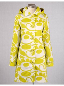 Rainy Day Mac - style: mac; back detail: hood; length: on the knee; fit: slim fit; secondary colour: ivory; predominant colour: yellow; occasions: casual; fibres: cotton - 100%; collar: shirt collar/peter pan/zip with opening; sleeve length: long sleeve; sleeve style: standard; texture group: cotton feel fabrics; collar break: high; pattern type: fabric; pattern size: big & busy; pattern: patterned/print