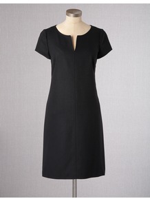 Farringdon Wool Dress - style: shift; neckline: v-neck; pattern: plain; predominant colour: black; occasions: work; length: just above the knee; fit: straight cut; fibres: wool - stretch; sleeve length: short sleeve; sleeve style: standard; pattern type: fabric; texture group: other - light to midweight