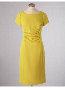 Walbrook Wool Dress - style: shift; neckline: round neck; fit: tailored/fitted; pattern: plain; waist detail: fitted waist; bust detail: ruching/gathering/draping/layers/pintuck pleats at bust; predominant colour: yellow; occasions: evening, work, occasion; length: just above the knee; fibres: wool - mix; sleeve length: short sleeve; sleeve style: standard; pattern type: fabric; texture group: jersey - stretchy/drapey