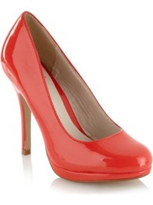 Bright Red Patent High Heel Court Shoes - predominant colour: true red; occasions: evening, work, occasion; material: leather; heel height: high; heel: platform; toe: round toe; style: courts; finish: patent; pattern: plain