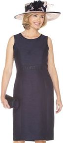 Monique Shift Dress - style: shift; length: below the knee; neckline: round neck; fit: tailored/fitted; pattern: plain; sleeve style: sleeveless; waist detail: embellishment at waist/feature waistband; predominant colour: navy; occasions: evening, work, occasion; fibres: polyester/polyamide - mix; sleeve length: sleeveless; texture group: structured shiny - satin/tafetta/silk etc.; trends: glamorous day shifts; pattern type: fabric; pattern size: standard