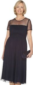 Monique Spot Mesh Dress - style: shift; length: calf length; neckline: round neck; fit: fitted at waist; pattern: plain; waist detail: fitted waist; shoulder detail: contrast pattern/fabric at shoulder; predominant colour: navy; occasions: evening, occasion; fibres: polyester/polyamide - 100%; hip detail: soft pleats at hip/draping at hip/flared at hip; back detail: keyhole/peephole detail at back; sleeve length: short sleeve; sleeve style: standard; texture group: sheer fabrics/chiffon/organza etc.; pattern type: fabric