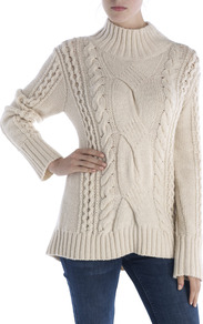 Rustic Wool Cable Sweater - sleeve style: extended cuff; neckline: high neck; length: below the bottom; style: standard; pattern: cable knit; predominant colour: ivory; occasions: casual; fibres: wool - mix; fit: loose; back detail: longer hem at back than at front; sleeve length: extra long; texture group: knits/crochet; pattern type: knitted - other; pattern size: standard