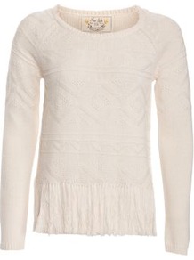 Cream Fairisle Tassel Hem Knitted Jumper - neckline: round neck; style: standard; predominant colour: ivory; occasions: casual; length: standard; fibres: acrylic - 100%; fit: standard fit; pattern: fairisle; sleeve length: long sleeve; sleeve style: standard; texture group: knits/crochet; pattern type: knitted - other; pattern size: standard; embellishment: fringing