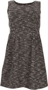 Black Treva Slub Skater Dress - style: shift; length: mid thigh; neckline: round neck; fit: fitted at waist; sleeve style: sleeveless; waist detail: fitted waist; back detail: low cut/open back; bust detail: ruching/gathering/draping/layers/pintuck pleats at bust; secondary colour: white; predominant colour: black; occasions: casual, evening, occasion; fibres: polyester/polyamide - stretch; hip detail: sculpting darts/pleats/seams at hip; sleeve length: sleeveless; texture group: ornate wovens; pattern type: fabric; pattern size: standard; pattern: patterned/print
