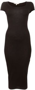 Black Cap Sleeve Bodycon Midi Dress - length: calf length; fit: tight; pattern: plain; style: bodycon; predominant colour: black; occasions: casual, evening; neckline: scoop; fibres: polyester/polyamide - stretch; sleeve length: short sleeve; sleeve style: standard; pattern type: fabric; texture group: jersey - stretchy/drapey