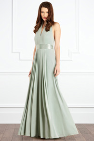 Goddess Maxi Dress - style: ballgown; neckline: low v-neck; fit: fitted at waist; pattern: plain; sleeve style: sleeveless; back detail: low cut/open back; waist detail: belted waist/tie at waist/drawstring; predominant colour: pistachio; occasions: evening, occasion; length: floor length; fibres: polyester/polyamide - stretch; hip detail: soft pleats at hip/draping at hip/flared at hip; sleeve length: sleeveless; pattern type: fabric; pattern size: standard; texture group: other - light to midweight