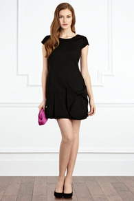 Florencia Bow Dress - length: mid thigh; neckline: round neck; sleeve style: capped; fit: tailored/fitted; pattern: plain; style: drop waist; waist detail: drop waist; predominant colour: black; occasions: evening, occasion; fibres: polyester/polyamide - 100%; hip detail: sculpting darts/pleats/seams at hip; sleeve length: short sleeve; pattern type: fabric; pattern size: standard; texture group: other - light to midweight