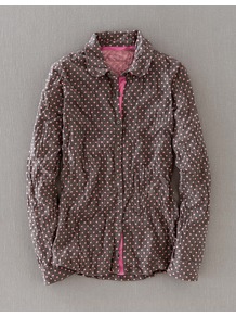 Crinkle Jersey Shirt - neckline: shirt collar/peter pan/zip with opening; style: shirt; pattern: polka dot; secondary colour: pink; predominant colour: chocolate brown; occasions: casual; length: standard; fibres: cotton - mix; fit: body skimming; sleeve length: long sleeve; sleeve style: standard; pattern type: fabric; pattern size: standard; texture group: jersey - stretchy/drapey