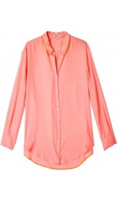 Patti Tape Shirt - neckline: shirt collar/peter pan/zip with opening; pattern: plain; length: below the bottom; style: t-shirt; bust detail: buttons at bust (in middle at breastbone)/zip detail at bust; predominant colour: coral; occasions: casual, evening, work, holiday; fibres: polyester/polyamide - 100%; fit: loose; hip detail: dip hem; back detail: longer hem at back than at front; sleeve length: long sleeve; sleeve style: standard; texture group: cotton feel fabrics; pattern type: fabric