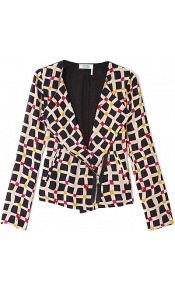 Cherry Check Silk Jacket - style: single breasted blazer; bust detail: added detail/embellishment at bust; collar: wide lapels; hip detail: front pockets at hip; back detail: contrast pattern/fabric at back; secondary colour: stone; predominant colour: black; occasions: evening, work, occasion; length: standard; fit: tailored/fitted; fibres: silk - 100%; waist detail: fitted waist; sleeve length: long sleeve; sleeve style: standard; texture group: structured shiny - satin/tafetta/silk etc.; trends: modern geometrics; collar break: medium; pattern type: fabric; pattern size: standard; pattern: patterned/print; embellishment: chain/metal