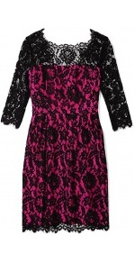 Black Stella Lace Dress - style: shift; length: mid thigh; neckline: round neck; sleeve style: raglan; fit: tailored/fitted; waist detail: fitted waist; shoulder detail: contrast pattern/fabric at shoulder; secondary colour: hot pink; predominant colour: black; occasions: evening, occasion; fibres: nylon - mix; sleeve length: 3/4 length; texture group: lace; pattern type: fabric; pattern size: big & busy; pattern: patterned/print; embellishment: lace