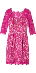Fuchsia Stella Lace Dress - style: shift; length: mid thigh; neckline: round neck; fit: tailored/fitted; predominant colour: hot pink; occasions: evening, occasion; fibres: nylon - mix; hip detail: structured pleats at hip; sleeve length: 3/4 length; sleeve style: standard; texture group: lace; pattern type: fabric
