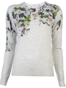 Floral Printed Pullover - neckline: round neck; style: standard; secondary colour: emerald green; predominant colour: light grey; occasions: casual, work; length: standard; fibres: wool - 100%; fit: slim fit; sleeve length: long sleeve; sleeve style: standard; texture group: knits/crochet; pattern type: knitted - fine stitch; pattern size: light/subtle; pattern: florals