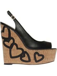 Nuovo Black Leather Wedges - secondary colour: camel; predominant colour: black; occasions: casual, evening, occasion, holiday; material: leather; ankle detail: ankle strap; heel: wedge; toe: open toe/peeptoe; style: slingbacks; trends: statement prints; finish: plain; pattern: plain; embellishment: applique; heel height: very high
