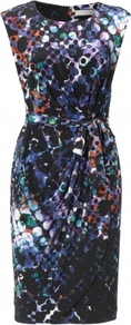 Natalia Dress - style: shift; length: below the knee; neckline: round neck; fit: tailored/fitted; sleeve style: sleeveless; waist detail: fitted waist; bust detail: ruching/gathering/draping/layers/pintuck pleats at bust; occasions: evening, work, occasion; fibres: polyester/polyamide - stretch; hip detail: soft pleats at hip/draping at hip/flared at hip; predominant colour: multicoloured; sleeve length: sleeveless; trends: statement prints; pattern type: fabric; pattern size: big & busy; pattern: patterned/print; texture group: jersey - stretchy/drapey