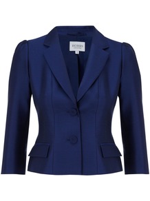 Bella Jacket, Royal Blue - pattern: plain; style: single breasted blazer; collar: standard lapel/rever collar; predominant colour: royal blue; occasions: evening, occasion; length: standard; fit: tailored/fitted; fibres: wool - mix; sleeve length: 3/4 length; sleeve style: standard; texture group: structured shiny - satin/tafetta/silk etc.; collar break: medium; pattern type: fabric