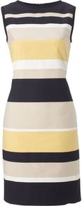 Caprise Dress, Black - style: shift; fit: tailored/fitted; pattern: horizontal stripes; sleeve style: sleeveless; secondary colour: light grey; occasions: casual, evening, work, occasion; length: just above the knee; fibres: cotton - mix; neckline: crew; predominant colour: multicoloured; sleeve length: sleeveless; trends: striking stripes; pattern type: fabric; pattern size: big & busy; texture group: other - light to midweight