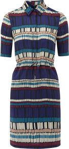 Nadya Dress, Multi Coloured - style: shirt; neckline: shirt collar/peter pan/zip with opening; fit: fitted at waist; waist detail: belted waist/tie at waist/drawstring; occasions: casual, holiday; length: just above the knee; fibres: silk - 100%; predominant colour: multicoloured; sleeve length: short sleeve; sleeve style: standard; texture group: silky - light; trends: striking stripes; pattern type: fabric; pattern size: big & busy; pattern: patterned/print