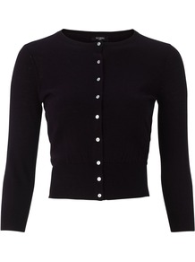 Eve Cardigan, Black - neckline: round neck; pattern: plain; length: cropped; predominant colour: black; occasions: casual, work; style: standard; fibres: silk - mix; fit: slim fit; sleeve length: 3/4 length; sleeve style: standard; texture group: knits/crochet; pattern type: knitted - fine stitch