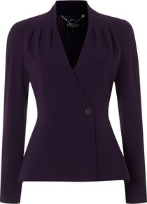 Cathy Jacket, Purple - pattern: plain; style: double breasted blazer; collar: standard lapel/rever collar; predominant colour: purple; occasions: evening, work, occasion; length: standard; fit: tailored/fitted; fibres: polyester/polyamide - stretch; sleeve length: long sleeve; sleeve style: standard; collar break: low/open; pattern type: fabric; texture group: other - light to midweight