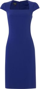 Roux Dress, Sea - style: shift; sleeve style: capped; fit: tailored/fitted; pattern: plain; waist detail: fitted waist; hip detail: fitted at hip; predominant colour: royal blue; occasions: evening, work, occasion; length: just above the knee; fibres: polyester/polyamide - mix; sleeve length: short sleeve; trends: glamorous day shifts; neckline: medium square neck; pattern type: fabric; texture group: other - light to midweight