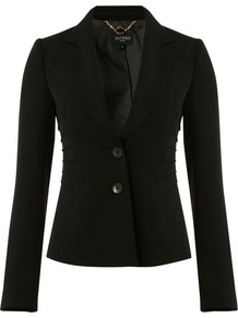 Saskia Jacket, Black - pattern: plain; style: single breasted blazer; collar: standard lapel/rever collar; predominant colour: black; occasions: evening, work; length: standard; fit: tailored/fitted; fibres: polyester/polyamide - 100%; waist detail: fitted waist; sleeve length: long sleeve; sleeve style: standard; collar break: medium; pattern type: fabric; texture group: other - light to midweight