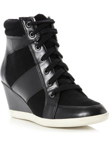 Lapin Square Toe Stud Wedge Shoes, Black - predominant colour: black; occasions: casual; material: faux leather; heel height: high; heel: wedge; toe: round toe; boot length: ankle boot; style: high top; trends: sporty redux; finish: plain; pattern: plain