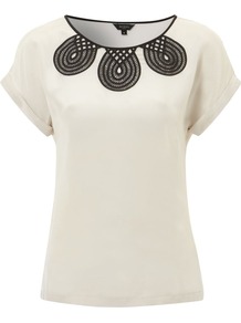 Apsley Top, Neutral - neckline: round neck; pattern: plain; bust detail: added detail/embellishment at bust; style: t-shirt; predominant colour: stone; secondary colour: black; occasions: casual, work; length: standard; fibres: silk - 100%; fit: body skimming; sleeve length: short sleeve; sleeve style: standard; texture group: crepes; pattern type: fabric; pattern size: light/subtle