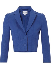 Hydrangea Jacket, Blue - pattern: plain; style: single breasted blazer; length: cropped; collar: standard lapel/rever collar; predominant colour: diva blue; occasions: casual, evening, work, occasion; fit: tailored/fitted; sleeve length: 3/4 length; sleeve style: standard; collar break: medium; pattern type: fabric; texture group: other - light to midweight; fibres: viscose/rayon - mix