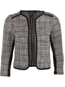 Black Woven Boucle Jacket - pattern: plain; collar: asymmetric biker; style: boxy; shoulder detail: contrast pattern/fabric at shoulder; secondary colour: mid grey; predominant colour: light grey; occasions: casual, evening, work, occasion; length: standard; fit: straight cut (boxy); fibres: polyester/polyamide - mix; hip detail: contrast fabric/print detail at hip; bust detail: contrast pattern/fabric/detail at bust; sleeve length: 3/4 length; sleeve style: standard; collar break: low/open; pattern type: fabric; pattern size: standard; texture group: tweed - light/midweight