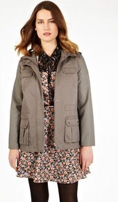 Longer Line Utility Coat - pattern: plain; length: standard; shoulder detail: obvious epaulette; collar: funnel; hip detail: front pockets at hip; predominant colour: sage; occasions: casual; fit: straight cut (boxy); fibres: cotton - 100%; sleeve length: long sleeve; sleeve style: standard; texture group: cotton feel fabrics; collar break: high/illusion of break when open; pattern type: fabric; style: single breasted military coat