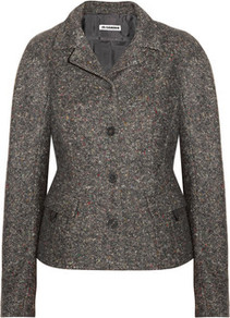 Tweed Jacket - style: single breasted blazer; collar: standard lapel/rever collar; pattern: herringbone/tweed; predominant colour: charcoal; occasions: casual, work; length: standard; fit: tailored/fitted; fibres: wool - 100%; sleeve length: long sleeve; sleeve style: standard; collar break: medium; pattern type: fabric; texture group: woven bulky/heavy