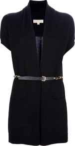 Belted Cardigan - sleeve style: dolman/batwing; pattern: plain; style: belted; neckline: collarless open; predominant colour: black; occasions: casual; fibres: cotton - mix; fit: loose; length: mid thigh; waist detail: belted waist/tie at waist/drawstring; sleeve length: short sleeve; texture group: knits/crochet; pattern type: knitted - fine stitch; embellishment: chain/metal