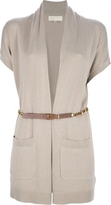Belted Cardigan - sleeve style: dolman/batwing; pattern: plain; style: belted; neckline: collarless open; predominant colour: stone; occasions: casual; fibres: cotton - mix; fit: loose; length: mid thigh; waist detail: belted waist/tie at waist/drawstring; sleeve length: short sleeve; texture group: knits/crochet; pattern type: knitted - fine stitch; embellishment: chain/metal