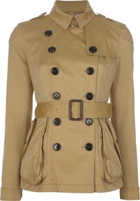'Reedham' Short Trench Coat - pattern: plain; length: standard; shoulder detail: obvious epaulette; style: trench coat; fit: slim fit; predominant colour: camel; occasions: casual, work; fibres: cotton - stretch; collar: shirt collar/peter pan/zip with opening; waist detail: belted waist/tie at waist/drawstring; back detail: back vent/flap at back; sleeve length: long sleeve; sleeve style: standard; texture group: cotton feel fabrics; collar break: high/illusion of break when open; pattern type: fabric
