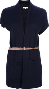 Belted Cardigan - sleeve style: dolman/batwing; pattern: plain; style: belted; neckline: collarless open; predominant colour: navy; occasions: casual; fibres: cotton - mix; fit: loose; length: mid thigh; waist detail: belted waist/tie at waist/drawstring; sleeve length: short sleeve; texture group: knits/crochet; pattern type: knitted - fine stitch; embellishment: chain/metal