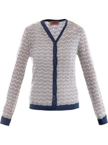 Chevron Knit Cardigan - neckline: v-neck; pattern: horizontal stripes; secondary colour: white; predominant colour: navy; occasions: casual, work; length: standard; style: standard; fibres: wool - mix; fit: slim fit; sleeve length: long sleeve; sleeve style: standard; texture group: knits/crochet; pattern type: knitted - fine stitch; pattern size: standard