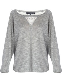 Alex Knitted Jumper - neckline: slash/boat neckline; pattern: plain; length: below the bottom; style: standard; back detail: contrast pattern/fabric at back; secondary colour: ivory; predominant colour: light grey; occasions: casual, holiday; fibres: linen - mix; fit: loose; bust detail: contrast pattern/fabric/detail at bust; sleeve length: long sleeve; sleeve style: standard; texture group: knits/crochet; pattern type: knitted - fine stitch; embellishment: lace
