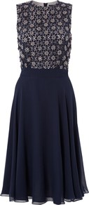 Florence Beaded Dress - sleeve style: sleeveless; bust detail: added detail/embellishment at bust; waist detail: fitted waist; predominant colour: navy; occasions: evening, occasion; length: on the knee; fit: fitted at waist & bust; style: fit & flare; fibres: cotton - 100%; neckline: crew; hip detail: soft pleats at hip/draping at hip/flared at hip; sleeve length: sleeveless; texture group: sheer fabrics/chiffon/organza etc.; pattern type: fabric; pattern size: standard; pattern: florals; embellishment: beading
