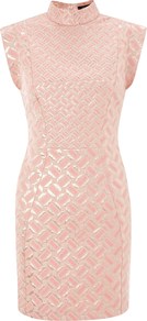 Tunnel Vision Dress - style: shift; length: mid thigh; neckline: mandarin; fit: tailored/fitted; sleeve style: sleeveless; predominant colour: blush; occasions: evening, occasion; fibres: polyester/polyamide - mix; sleeve length: sleeveless; trends: metallics; pattern type: fabric; pattern size: standard; pattern: patterned/print; texture group: woven light midweight