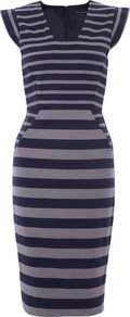 Super Striped Dress - style: shift; neckline: high square neck; sleeve style: capped; fit: tight; pattern: horizontal stripes; predominant colour: navy; secondary colour: mid grey; occasions: casual, evening, work, occasion; length: just above the knee; fibres: cotton - stretch; sleeve length: sleeveless; trends: striking stripes, glamorous day shifts; pattern type: fabric; pattern size: big & busy; texture group: jersey - stretchy/drapey