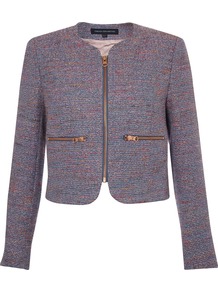 Rainbow Boucle Jacket - style: cropped; collar: round collar/collarless; length: cropped; pattern: herringbone/tweed; occasions: casual; fit: tailored/fitted; fibres: polyester/polyamide - mix; predominant colour: multicoloured; sleeve length: long sleeve; sleeve style: standard; collar break: high; pattern type: fabric; pattern size: standard; texture group: woven light midweight