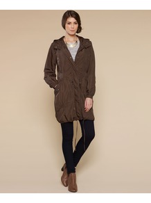 Petra Parka - pattern: plain; fit: loose; style: parka; back detail: hood; collar: high neck; length: mid thigh; predominant colour: khaki; occasions: casual; fibres: polyester/polyamide - 100%; waist detail: belted waist/tie at waist/drawstring; sleeve length: long sleeve; sleeve style: standard; texture group: technical outdoor fabrics; collar break: high; pattern type: fabric