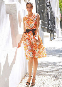 Silk Satin Dress - neckline: cowl/draped neck; sleeve style: sleeveless; waist detail: belted waist/tie at waist/drawstring; secondary colour: white; predominant colour: bright orange; occasions: evening, occasion, holiday; length: on the knee; fit: fitted at waist & bust; style: fit & flare; fibres: silk - 100%; sleeve length: sleeveless; pattern type: fabric; pattern size: big & busy; pattern: patterned/print; texture group: other - light to midweight