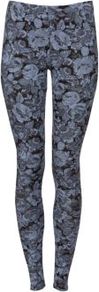 Blue And Black Rose Print Leggings - length: standard; style: leggings; waist detail: elasticated waist; waist: mid/regular rise; secondary colour: denim; predominant colour: black; occasions: casual, evening, holiday; fibres: polyester/polyamide - stretch; texture group: jersey - clingy; trends: high impact florals; fit: skinny/tight leg; pattern type: fabric; pattern size: big & busy; pattern: florals