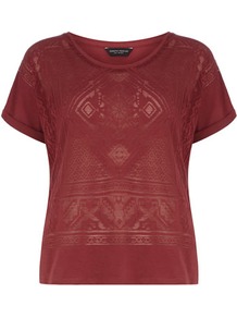 Fig Burnout Tile Print Tee - neckline: round neck; style: t-shirt; predominant colour: burgundy; occasions: casual; length: standard; fibres: cotton - mix; fit: body skimming; sleeve length: short sleeve; sleeve style: standard; pattern type: fabric; pattern size: standard; pattern: patterned/print; texture group: jersey - stretchy/drapey