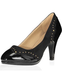 Black Studded Mid Court Shoes - predominant colour: black; occasions: evening, work; material: faux leather; heel height: mid; embellishment: studs; heel: platform; toe: pointed toe; style: courts; finish: patent; pattern: plain