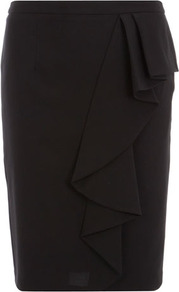 Black Side Ruffle Skirt - pattern: plain; style: pencil; fit: tailored/fitted; waist: high rise; predominant colour: black; occasions: evening, work; length: on the knee; fibres: polyester/polyamide - 100%; hip detail: ruffles/tiers/tie detail at hip; pattern type: fabric; texture group: woven light midweight